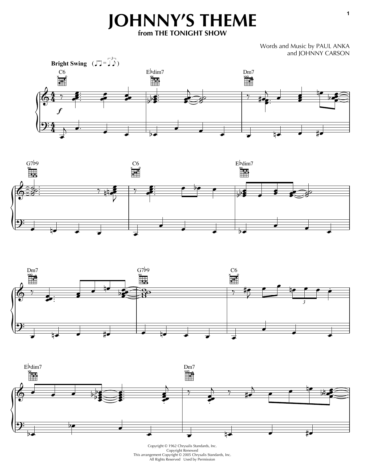 Learn to play Johnny Carson Johnny's Theme sheet music for Piano in minutes. Johnny Carson Johnny's Theme sheet music preview music notes and score for Piano including 2 page(s)