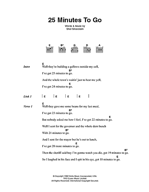 Johnny Cash 25 Minutes To Go sheet music, chords, lyrics - Printable PDF for Lyrics & Chords