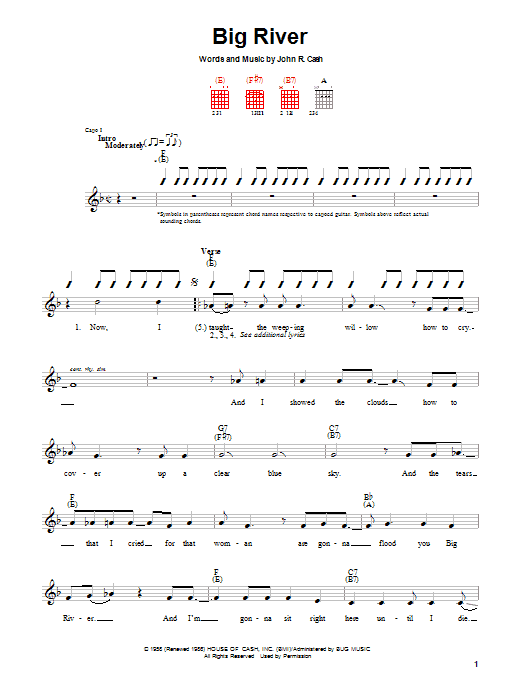 Learn to play Johnny Cash Big River sheet music for Guitar with strumming patterns in minutes. Johnny Cash Big River sheet music preview music notes and score for Guitar with strumming patterns including 2 page(s)