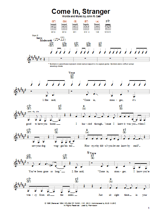Learn to play Johnny Cash Come In, Stranger sheet music for Guitar with strumming patterns in minutes. Johnny Cash Come In, Stranger sheet music preview music notes and score for Guitar with strumming patterns including 2 page(s)