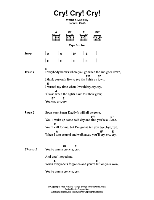 Johnny Cash Cry! Cry! Cry! sheet music, chords, lyrics - Printable PDF for Lyrics & Chords