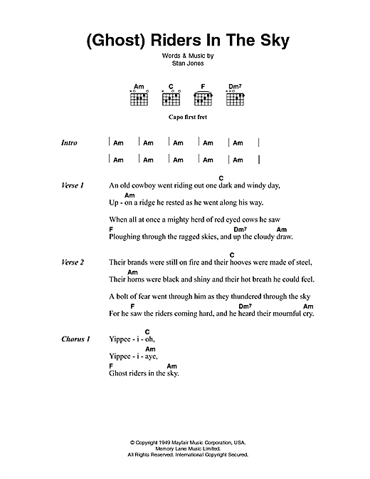 Johnny Cash Ghost Riders In The Sky sheet music, chords, lyrics - Printable PDF for Lyrics & Chords