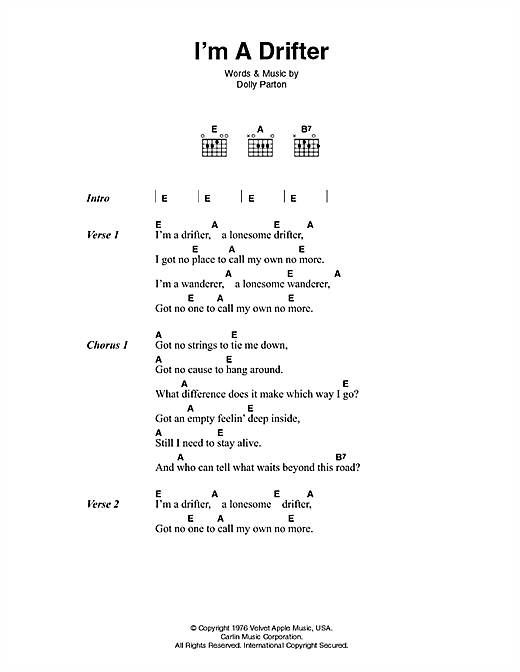 Johnny Cash I'm A Drifter sheet music, chords, lyrics - Printable PDF for Lyrics & Chords