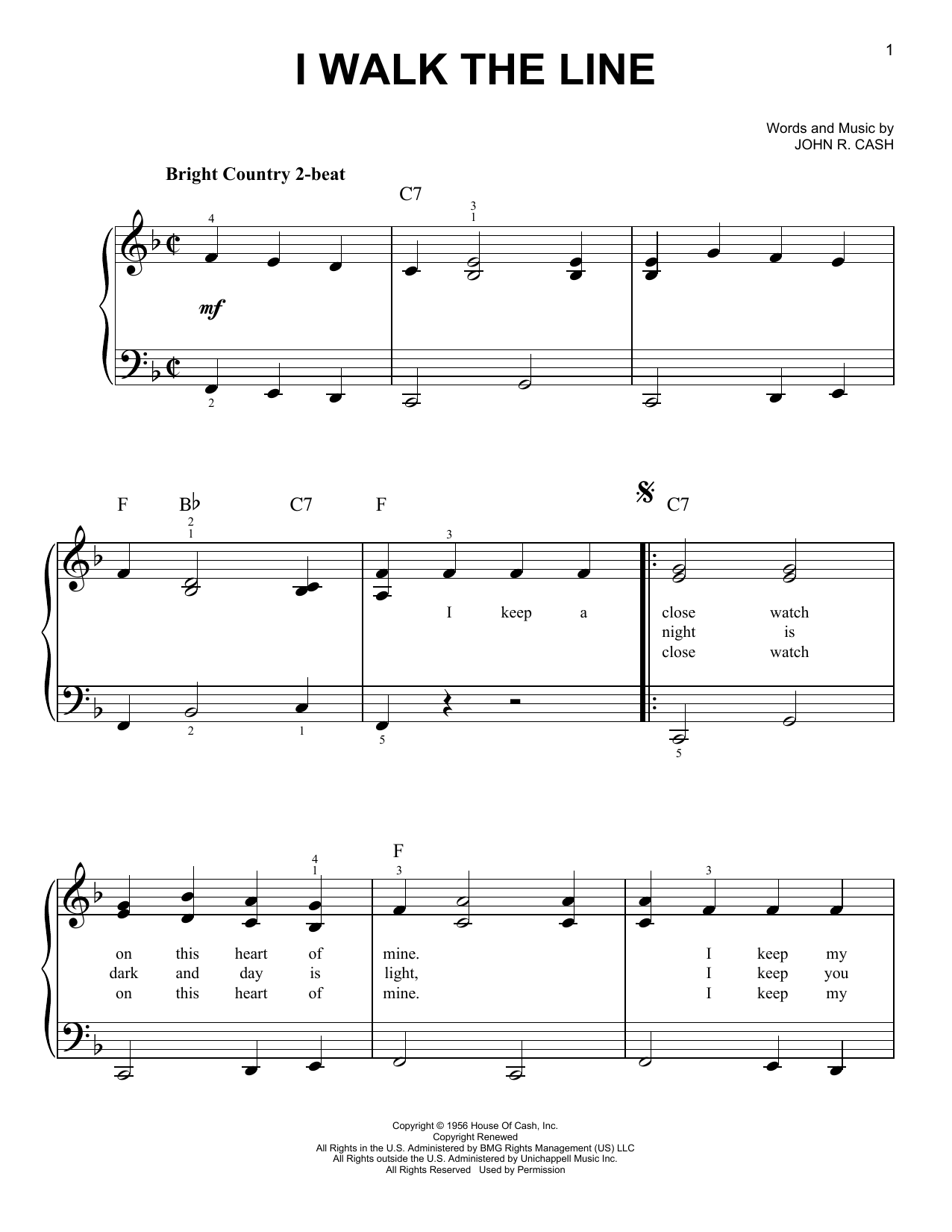 Johnny Cash I Walk The Line sheet music preview music notes and score for Lyrics & Piano Chords including 2 page(s)