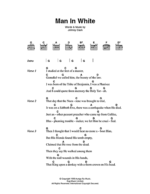 Johnny Cash Man In White sheet music, chords, lyrics - Printable PDF for Lyrics & Chords