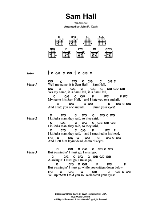 Johnny Cash Sam Hall sheet music, chords, lyrics - Printable PDF for Lyrics & Chords
