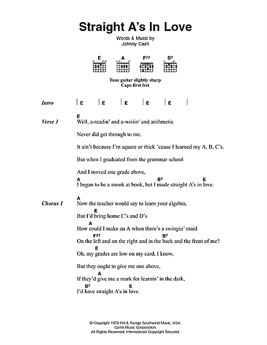 Johnny Cash Straight A's In Love sheet music, chords, lyrics - Printable PDF for Lyrics & Chords
