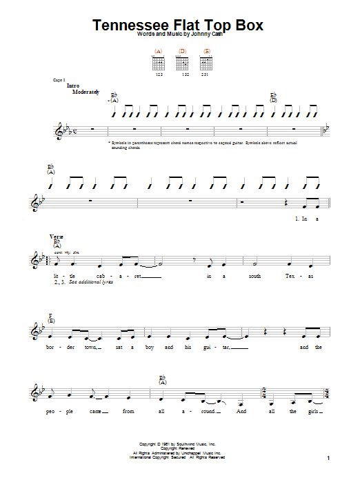 Learn to play Johnny Cash Tennessee Flat Top Box sheet music for Easy Piano in minutes. Johnny Cash Tennessee Flat Top Box sheet music preview music notes and score for Easy Piano including 4 page(s)