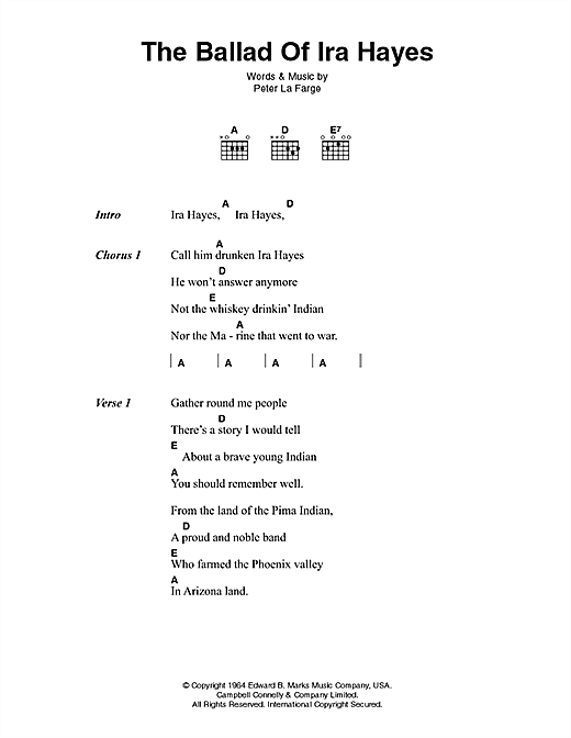 Johnny Cash The Ballad Of Ira Hayes sheet music, chords, lyrics - Printable PDF for Lyrics & Chords