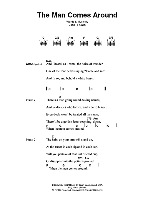 Johnny Cash The Man Comes Around sheet music, chords, lyrics - Printable PDF for Lyrics & Chords