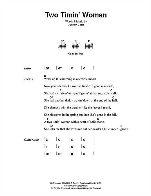 Johnny Cash Two Timin' Woman sheet music, chords, lyrics - Printable PDF for Lyrics & Chords
