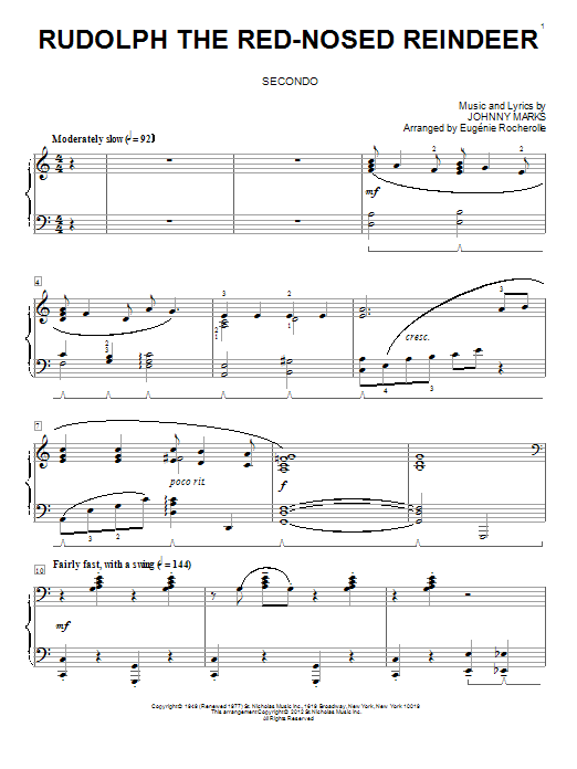 Learn to play Eugenie Rocherolle Rudolph The Red-Nosed Reindeer sheet music for Piano Duet in minutes. Eugenie Rocherolle Rudolph The Red-Nosed Reindeer sheet music preview music notes and score for Piano Duet including 6 page(s)