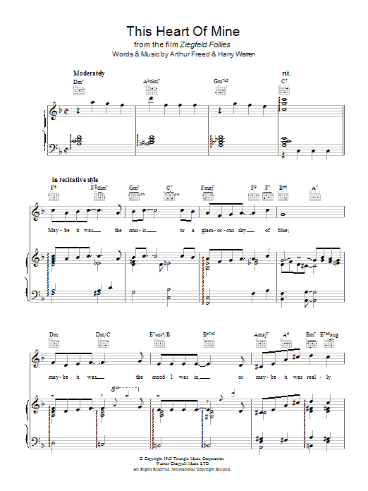 Learn to play Johnny Mathis This Heart Of Mine (from Ziegfried Follies) sheet music for Piano, Vocal & Guitar (Right-Hand Melody) in minutes. Johnny Mathis This Heart Of Mine (from Ziegfried Follies) sheet music preview music notes and score for Piano, Vocal & Guitar (Right-Hand Melody) including 4 page(s)
