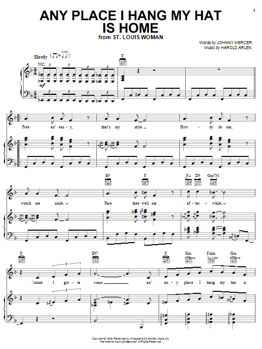 Learn to play Johnny Mercer Any Place I Hang My Hat Is Home sheet music for Piano, Vocal & Guitar (Right-Hand Melody) in minutes. Johnny Mercer Any Place I Hang My Hat Is Home sheet music preview music notes and score for Piano, Vocal & Guitar (Right-Hand Melody) including 4 page(s)