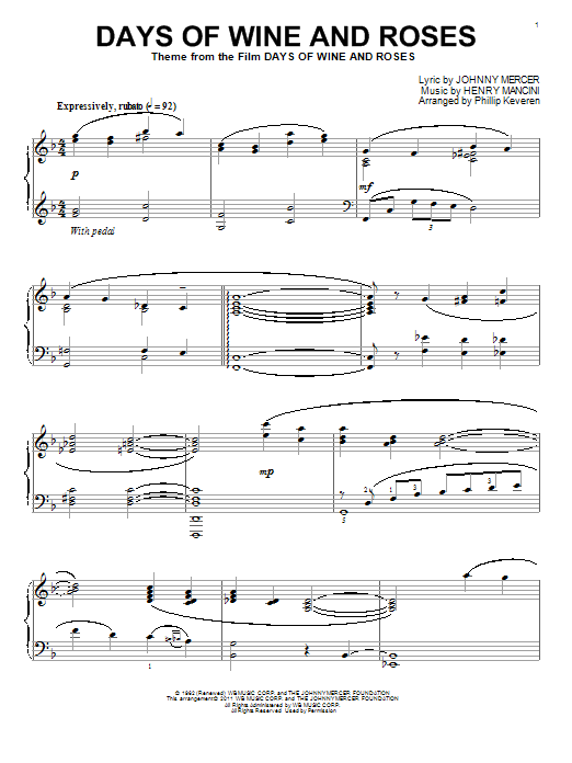 Learn to play Johnny Mercer Days Of Wine And Roses sheet music for Piano in minutes. Johnny Mercer Days Of Wine And Roses sheet music preview music notes and score for Piano including 3 page(s)