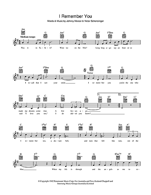 Learn to play Johnny Mercer I Remember You sheet music for Melody Line, Lyrics & Chords in minutes. Johnny Mercer I Remember You sheet music preview music notes and score for Melody Line, Lyrics & Chords including 2 page(s)