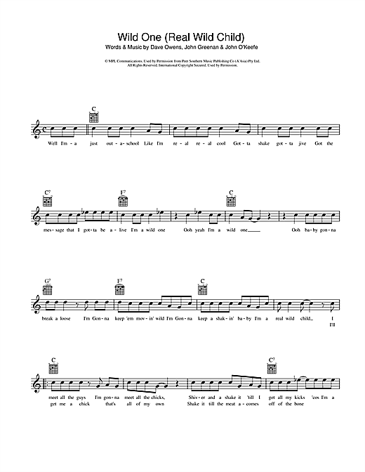 Learn to play Johnny O'Keefe Real Wild Child (Wild One) sheet music for Melody Line, Lyrics & Chords in minutes. Johnny O'Keefe Real Wild Child (Wild One) sheet music preview music notes and score for Melody Line, Lyrics & Chords including 2 page(s)