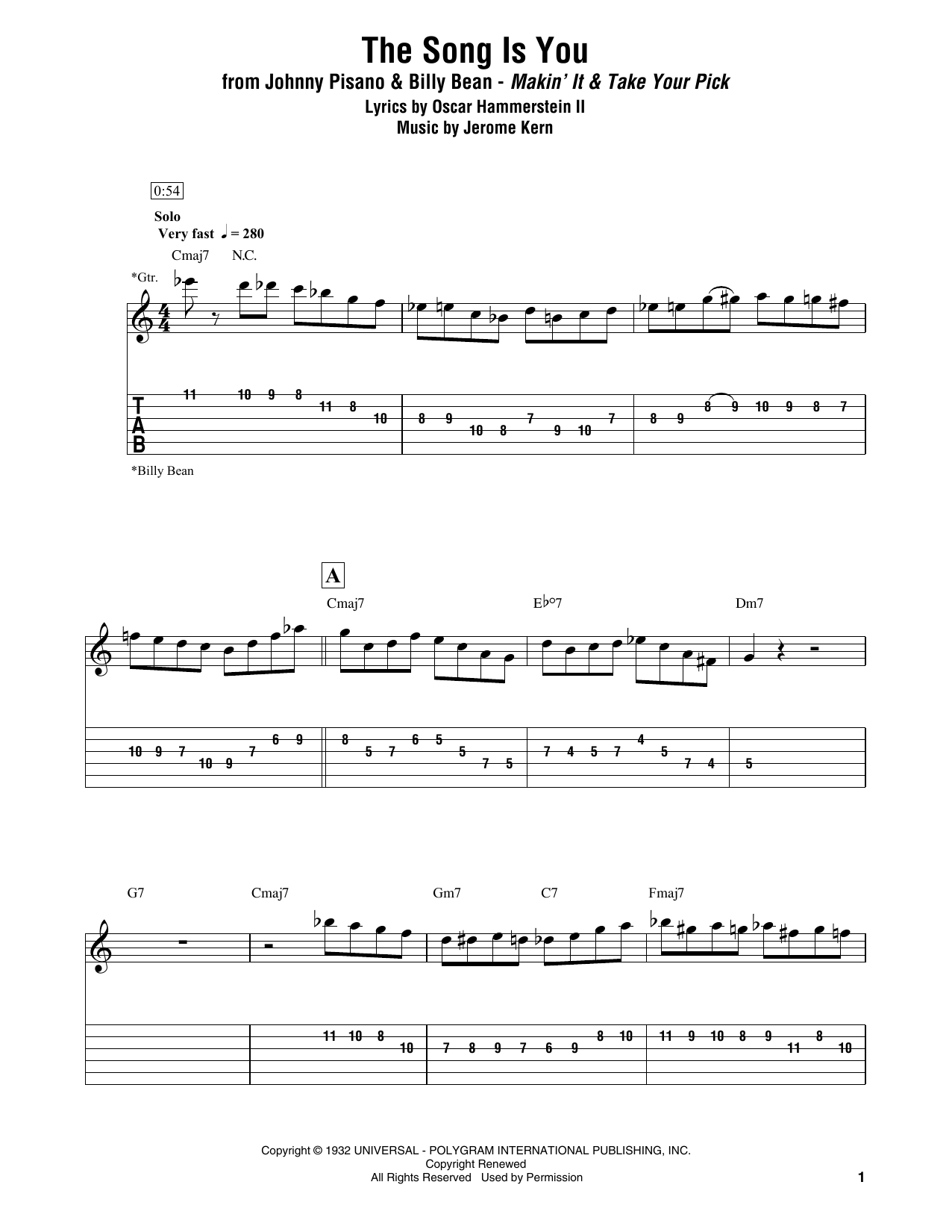 Johnny Pisano & Billy Bean The Song Is You sheet music preview music notes and score for Electric Guitar Transcription including 5 page(s)