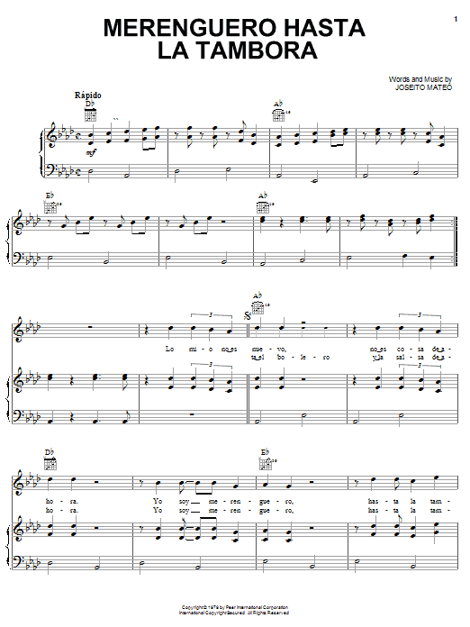 Learn to play Johnny Ventura Merenguero Hasta La Tambora sheet music for Piano, Vocal & Guitar (Right-Hand Melody) in minutes. Johnny Ventura Merenguero Hasta La Tambora sheet music preview music notes and score for Piano, Vocal & Guitar (Right-Hand Melody) including 5 page(s)