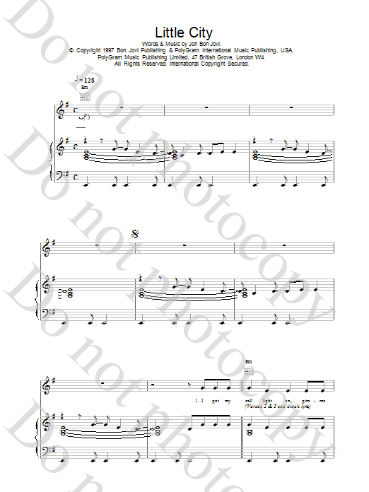 Download Jon Bon Jovi Little City sheet music notes and chords for Piano, Vocal & Guitar (Right-Hand Melody) - Download Printable PDF and start playing in minutes.