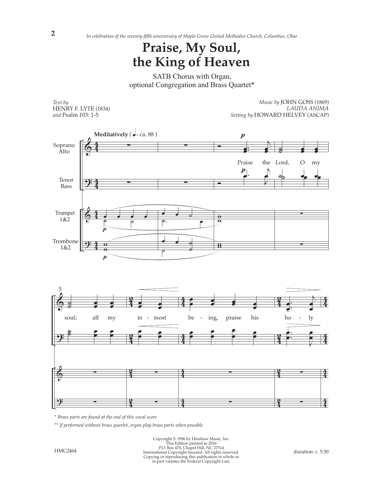 Jon Goss Praise, My Soul, The King of Heaven (arr. Howard Helvey) sheet music, chords, lyrics - Printable PDF for SATB Choir