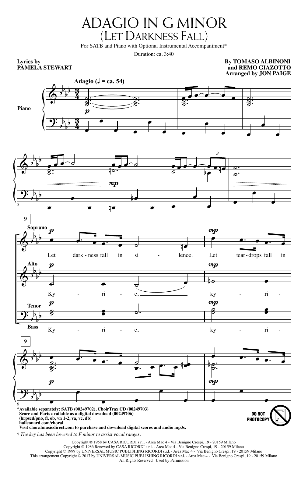 Jon Paige Adagio In Sol Minore (Adagio In G Minor) sheet music, chords, lyrics - Printable PDF for SATB
