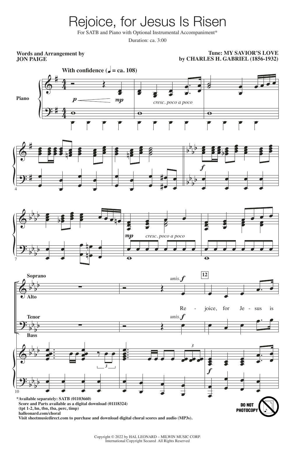 Jon Paige Rejoice, For Jesus Is Risen sheet music, chords, lyrics - Printable PDF for SATB Choir