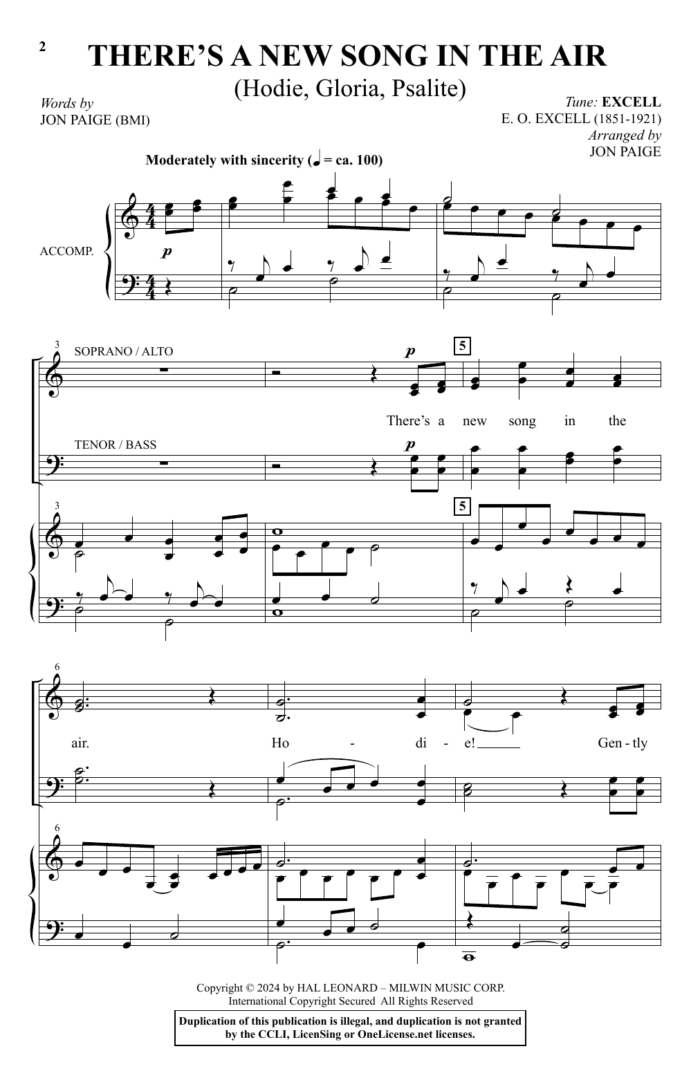 Jon Paige There's A New Song In The Air (Hodie, Gloria, Psallite) sheet music, chords, lyrics - Printable PDF for SATB Choir