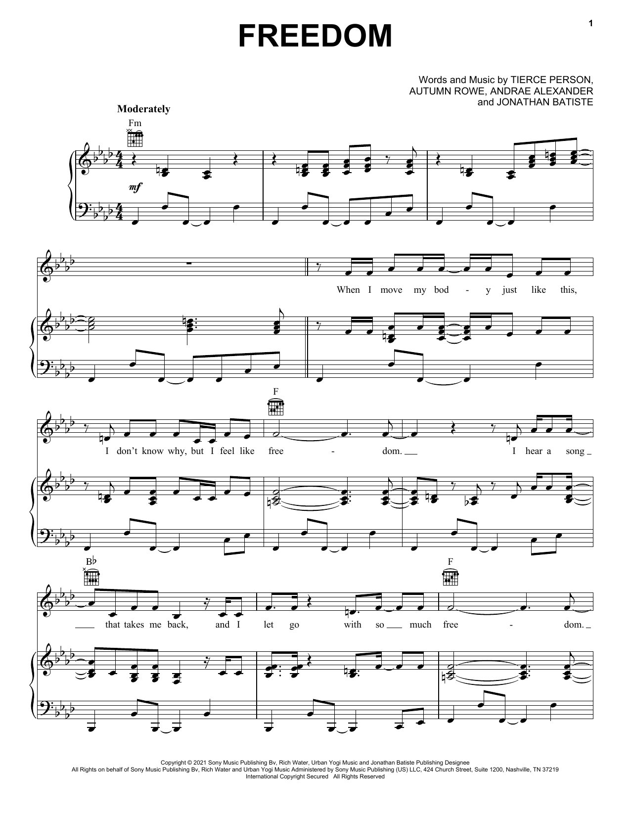 Learn to play Jon Batiste FREEDOM sheet music for Piano, Vocal & Guitar Chords (Right-Hand Melody) in minutes. Jon Batiste FREEDOM sheet music preview music notes and score for Piano, Vocal & Guitar Chords (Right-Hand Melody) including 9 page(s)