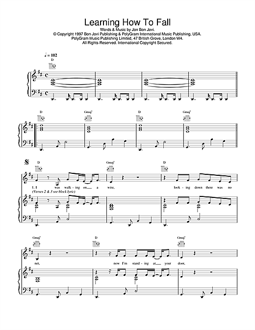 Learn to play Jon Bon Jovi Learning How To Fall sheet music for Piano, Vocal & Guitar (Right-Hand Melody) in minutes. Jon Bon Jovi Learning How To Fall sheet music notes and chords