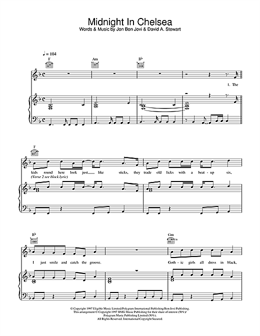 Learn to play Jon Bon Jovi Midnight In Chelsea sheet music for Piano, Vocal & Guitar (Right-Hand Melody) in minutes. Jon Bon Jovi Midnight In Chelsea sheet music notes and chords