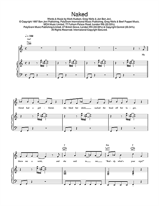 Learn to play Jon Bon Jovi Naked sheet music for Piano, Vocal & Guitar in minutes. Jon Bon Jovi Naked sheet music notes and chords
