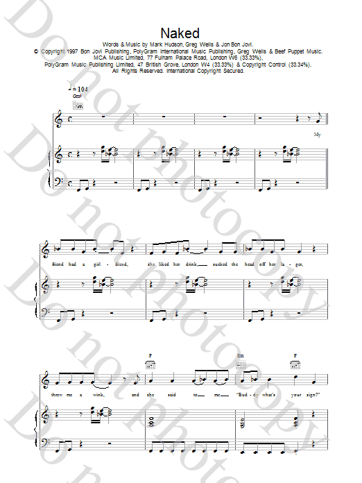 Jon Bon Jovi Naked sheet music preview music notes and score for Piano, Vocal & Guitar including 5 page(s)
