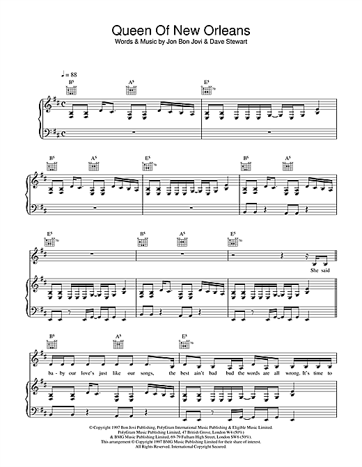 Learn to play Jon Bon Jovi Queen Of New Orleans sheet music for Piano, Vocal & Guitar in minutes. Jon Bon Jovi Queen Of New Orleans sheet music notes and chords
