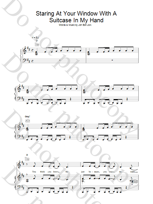 Jon Bon Jovi Staring At Your Window With A Suitcase In My Hand sheet music preview music notes and score for Piano, Vocal & Guitar (Right-Hand Melody) including 7 page(s)