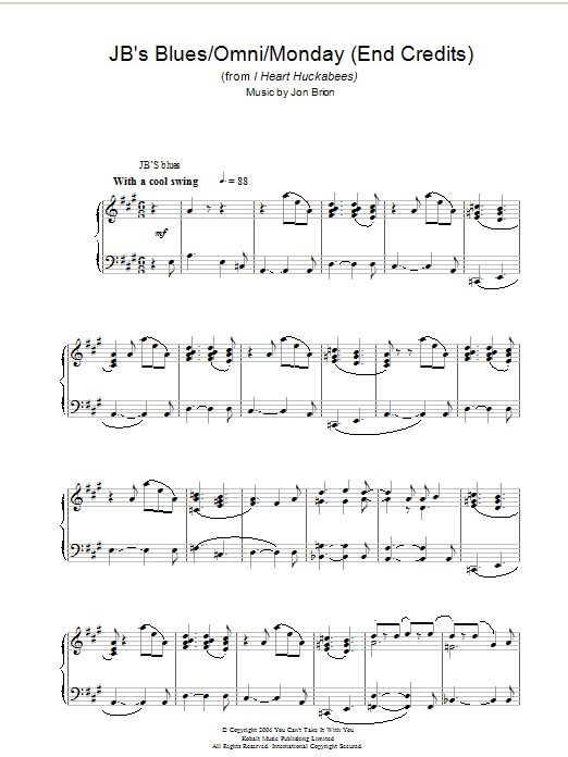 Jon Brion JB's Blues/Omni/Monday (End Credits) (from I Heart Huckabees) sheet music preview music notes and score for Piano including 7 page(s)