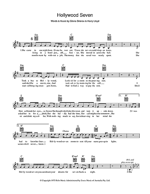 Learn to play Jon English Hollywood Seven sheet music for Melody Line, Lyrics & Chords in minutes. Jon English Hollywood Seven sheet music preview music notes and score for Melody Line, Lyrics & Chords including 2 page(s)
