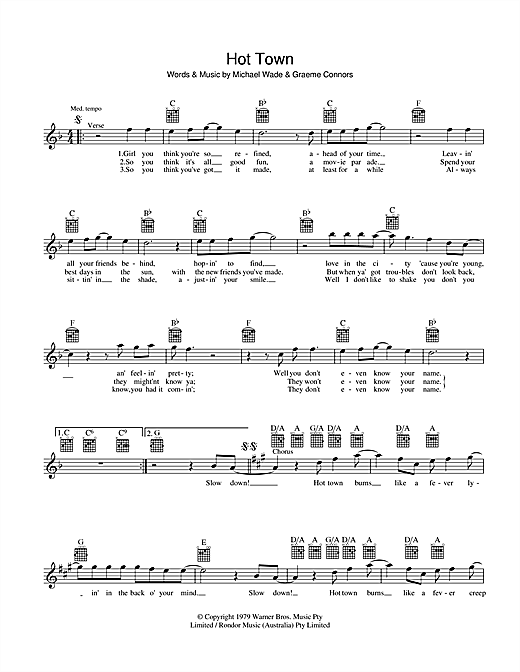 Learn to play Jon English Hot Town sheet music for Melody Line, Lyrics & Chords in minutes. Jon English Hot Town sheet music preview music notes and score for Melody Line, Lyrics & Chords including 2 page(s)