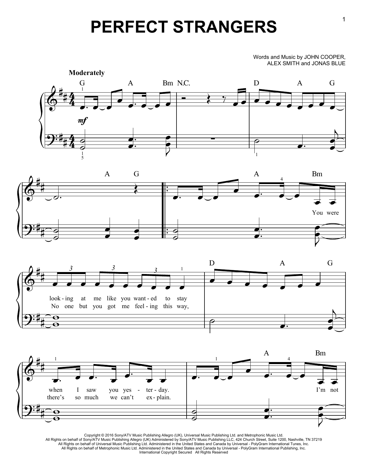 Jonas Blue "Perfect Strangers (Feat. JP Cooper)" Sheet Music.
