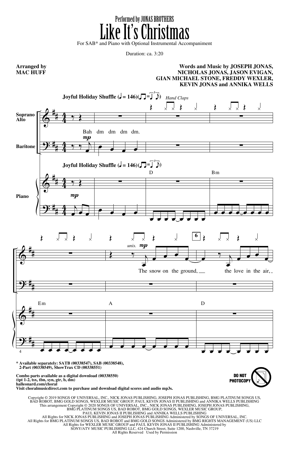 Jonas Brothers Like It's Christmas (arr. Mac Huff) sheet music preview music notes and score for SAB Choir including 14 page(s)