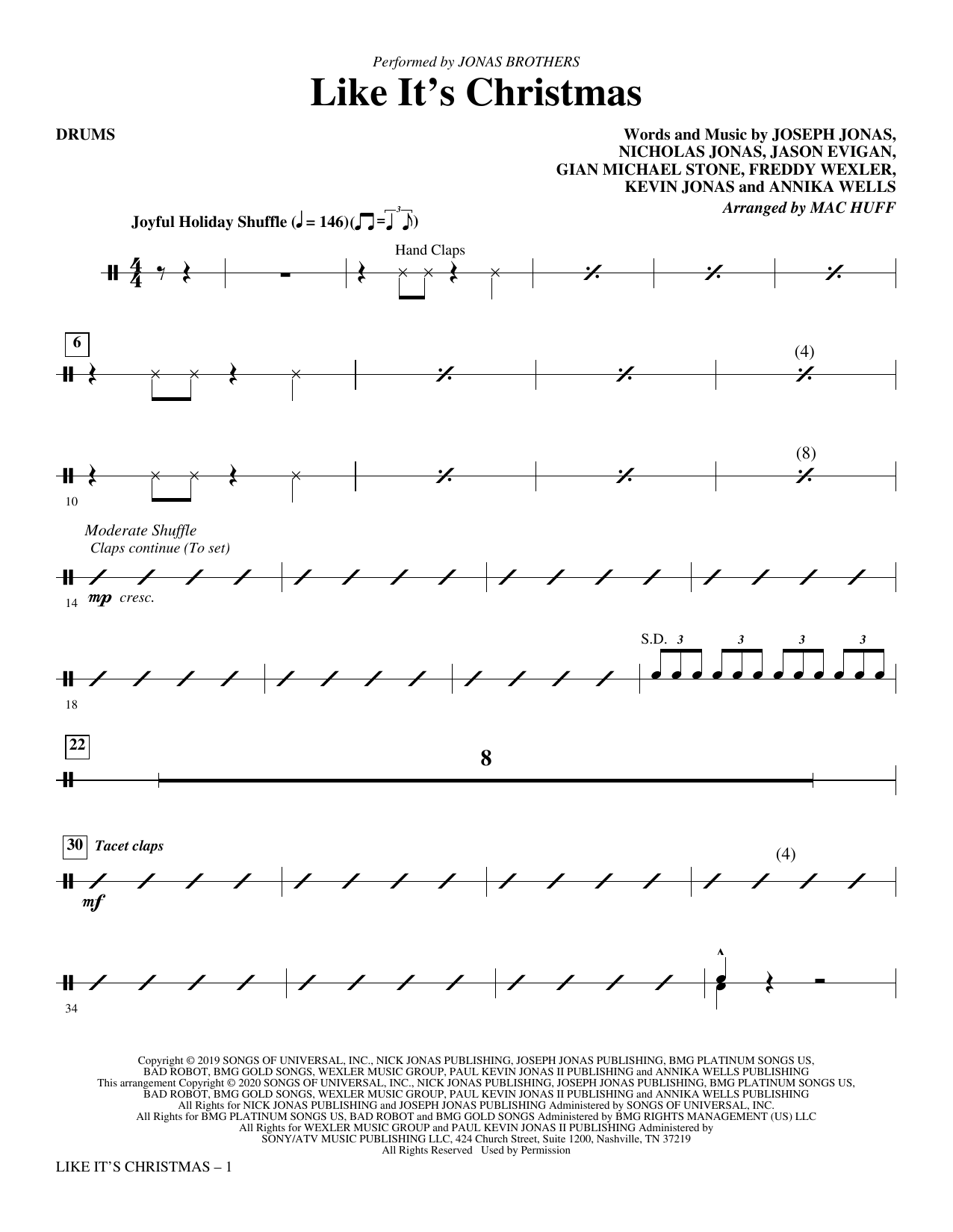 Jonas Brothers Like It's Christmas (arr. Mac Huff) - Drums sheet music preview music notes and score for Choir Instrumental Pak including 3 page(s)