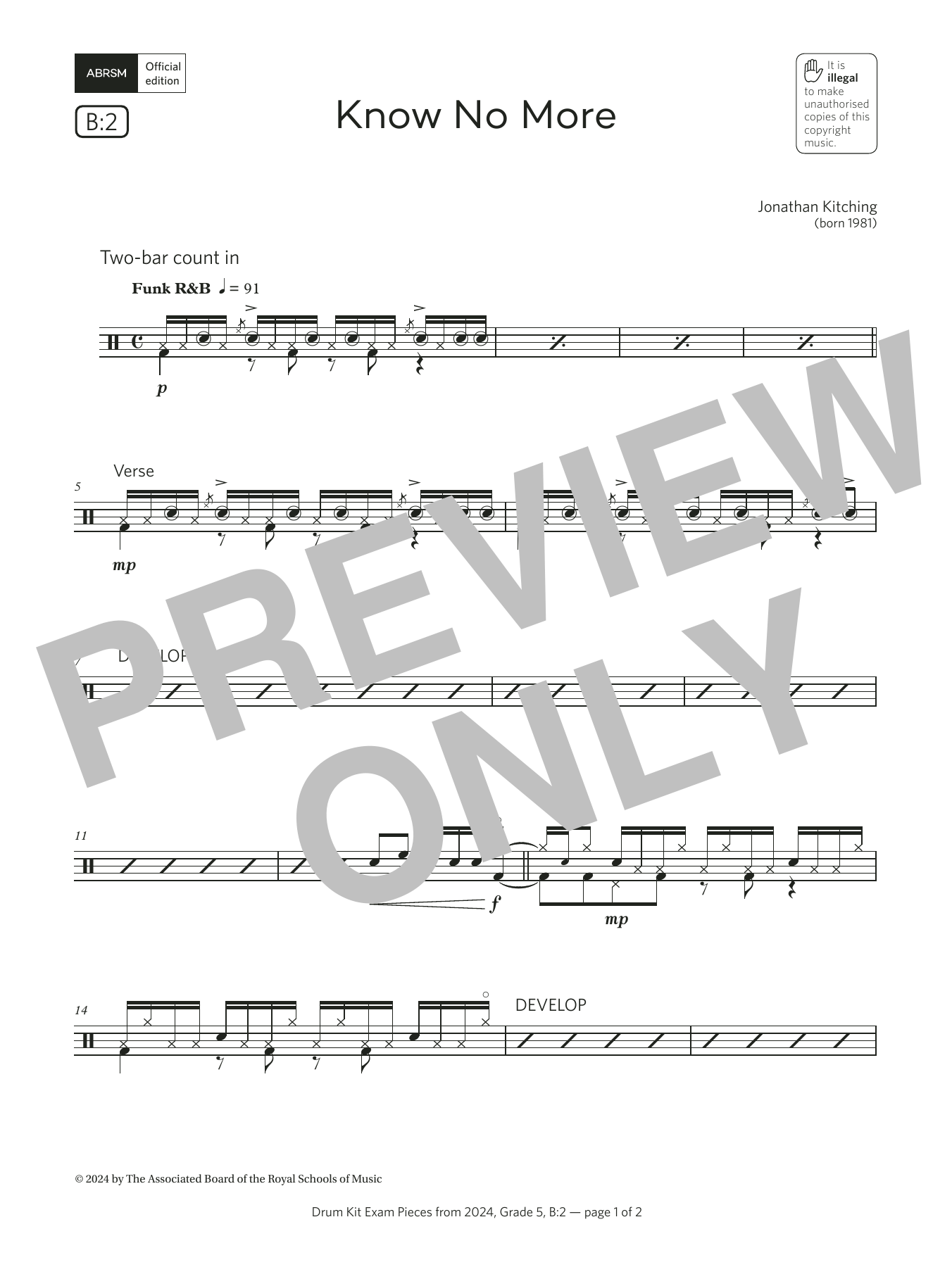 Jonathan Kitching Know No More (Grade 5, list B2, from the ABRSM Drum Kit Syllabus 2024) sheet music, chords, lyrics - Printable PDF for Drums