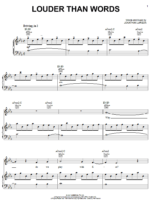 Jonathan Larson Louder Than Words sheet music, chords, lyrics - Printable PDF for Piano, Vocal & Guitar (Right-Hand Melody)