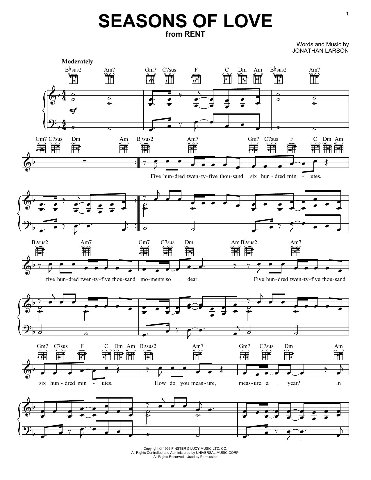 Download Jonathan Larson Seasons Of Love sheet music notes and chords for Piano, Vocal & Guitar (Right-Hand Melody) - Download Printable PDF and start playing in minutes.