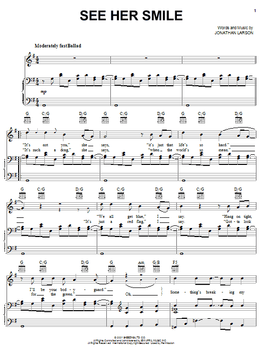 Jonathan Larson See Her Smile sheet music, chords, lyrics - Printable PDF for Piano, Vocal & Guitar (Right-Hand Melody)