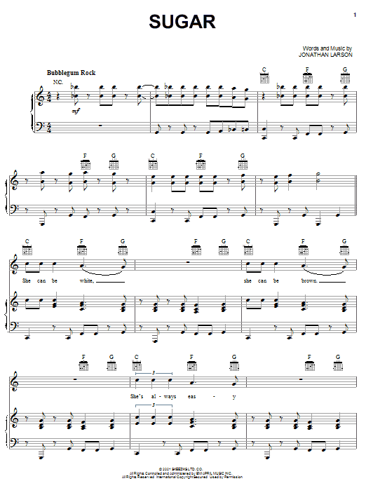Jonathan Larson Sugar sheet music, chords, lyrics - Printable PDF for Piano, Vocal & Guitar (Right-Hand Melody)