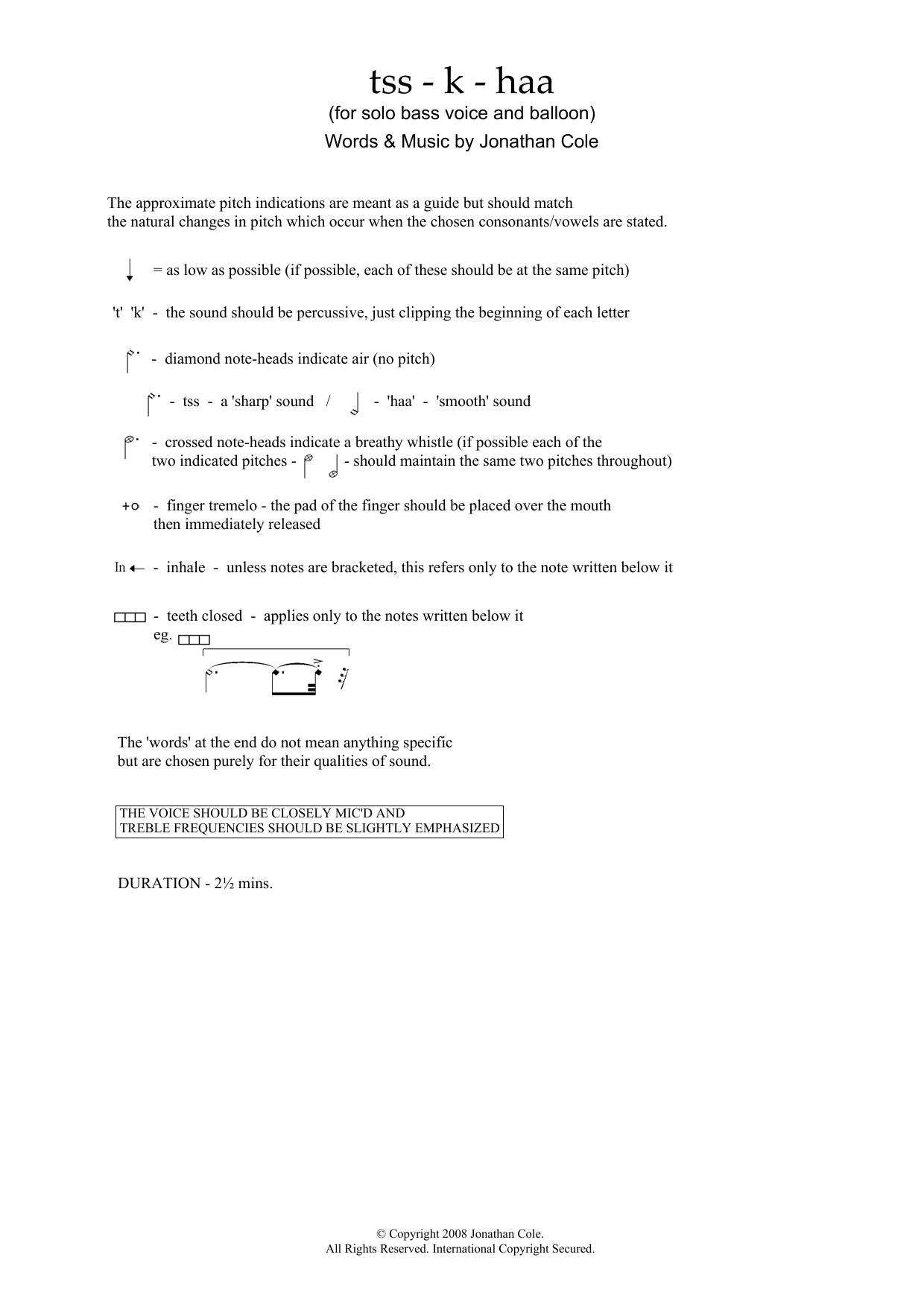 Jonathan Cole tss-k-haa (for baritone & balloon) sheet music preview music notes and score for Piano & Vocal including 4 page(s)