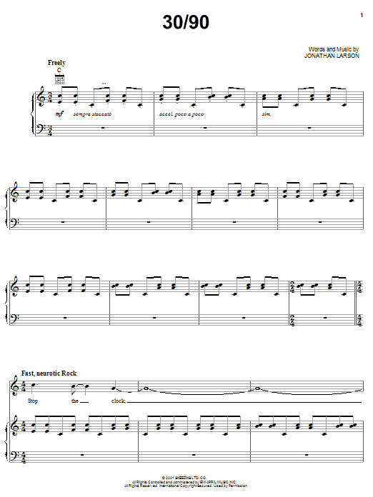 Learn to play Jonathan Larson 30/90 sheet music for Piano, Vocal & Guitar (Right-Hand Melody) in minutes. Jonathan Larson 30/90 sheet music preview music notes and score for Piano, Vocal & Guitar (Right-Hand Melody) including 17 page(s)