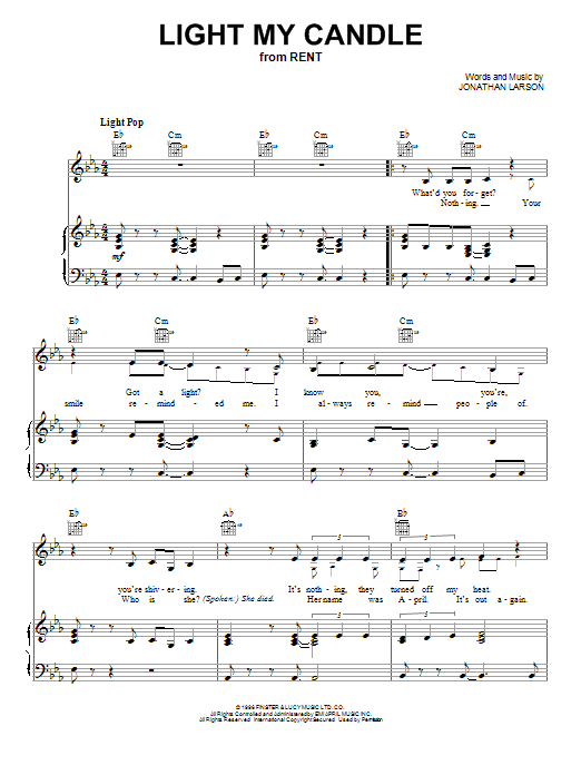 Learn to play Jonathan Larson Light My Candle sheet music for Easy Piano in minutes. Jonathan Larson Light My Candle sheet music preview music notes and score for Easy Piano including 10 page(s)
