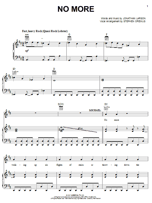 Learn to play Jonathan Larson No More sheet music for Piano, Vocal & Guitar (Right-Hand Melody) in minutes. Jonathan Larson No More sheet music preview music notes and score for Piano, Vocal & Guitar (Right-Hand Melody) including 11 page(s)
